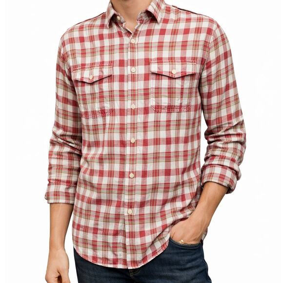 Brooks Brothers Other - BROOKS BROTHERS 346 Linen Shirt Men M Double Pocket Military Epaulets Plaid Red